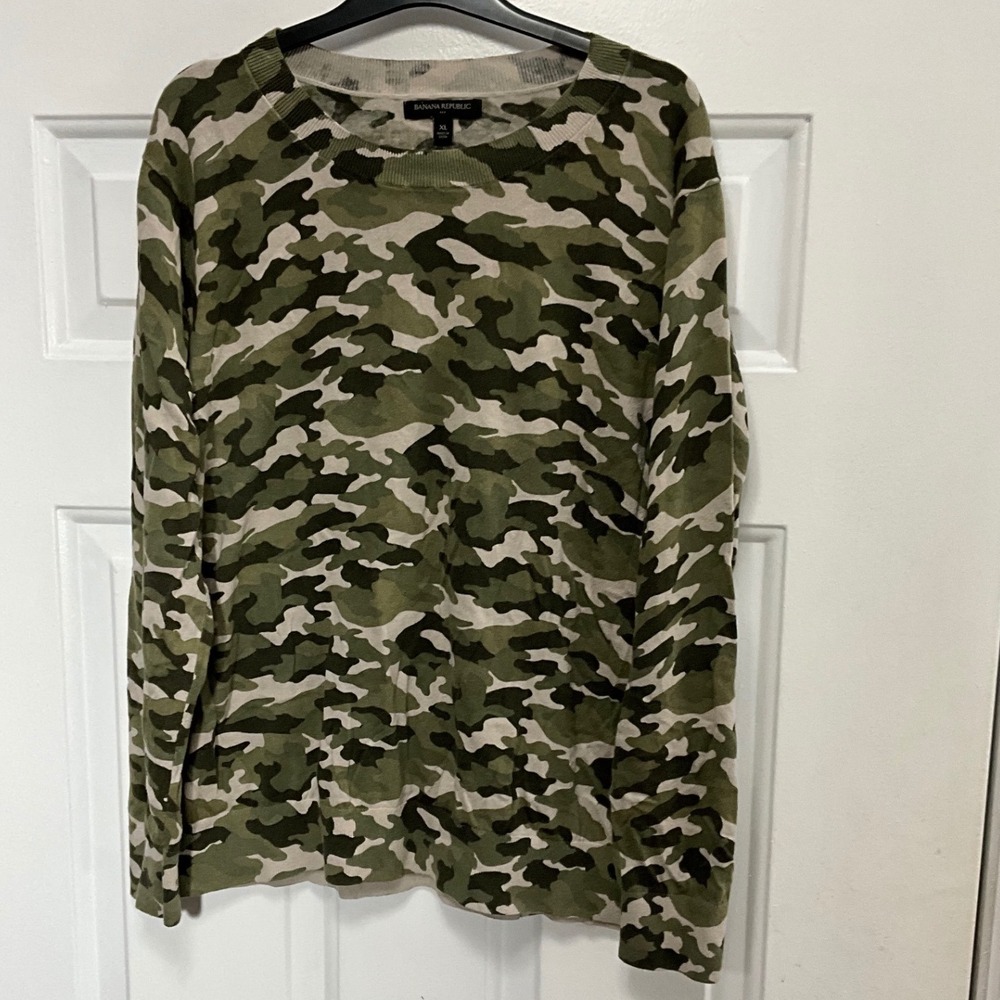 Banana Republic Womens XL Camo Crewneck Sweater Green Cotton Long Sleeve Knit
